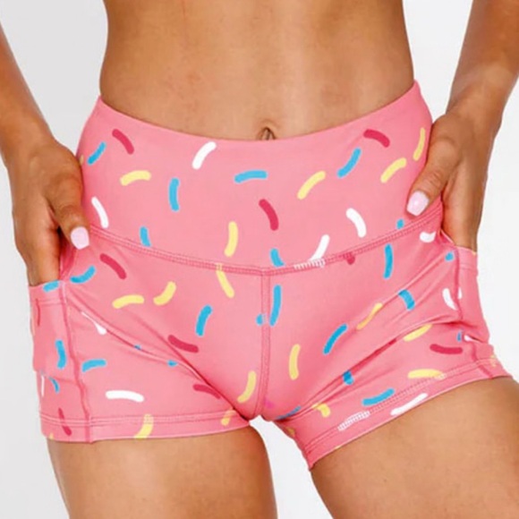 Feed Me Fight Me *NEW* Women's Pink Donut Sprinkle Athletic Workout Shorts - Picture 2 of 12